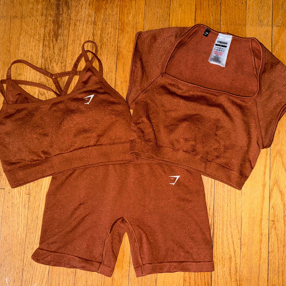 Gymshark Adapt Fleck Bra Crop Top Shorts Set Copper Brown Small